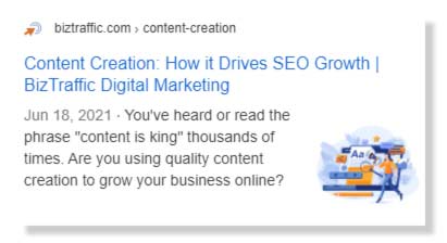 Google search engine result page use of Featured Image example | BizTraffic